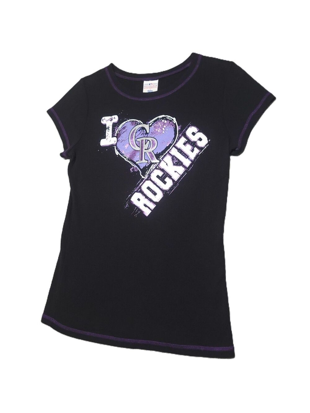 MLB Colorado Rockies Graphic T Shirt Womens Size L Black Cotton Short Sleeve Top